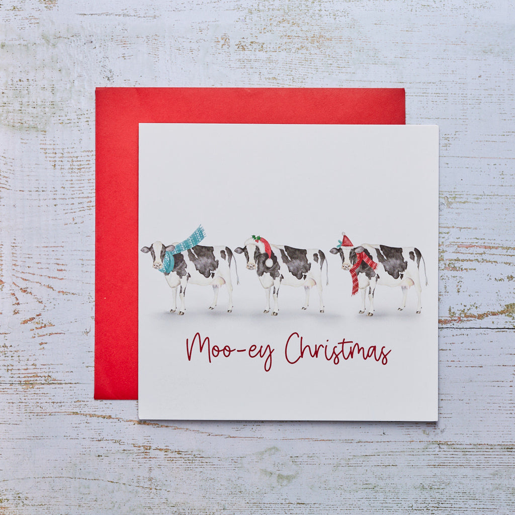 Xmas Cow Card Greyscale With Scarves