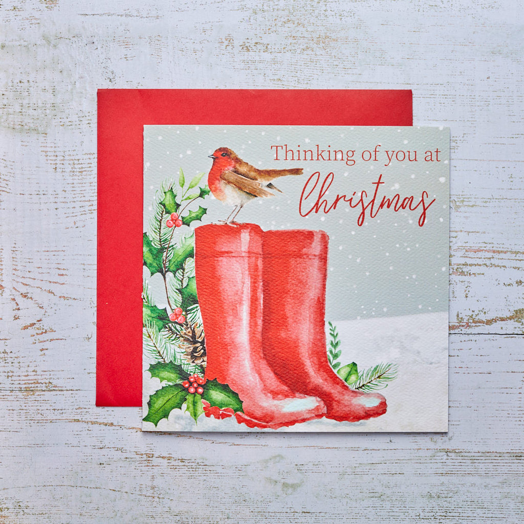 Xmas Robin Card With Red Wellies Thinking Of You