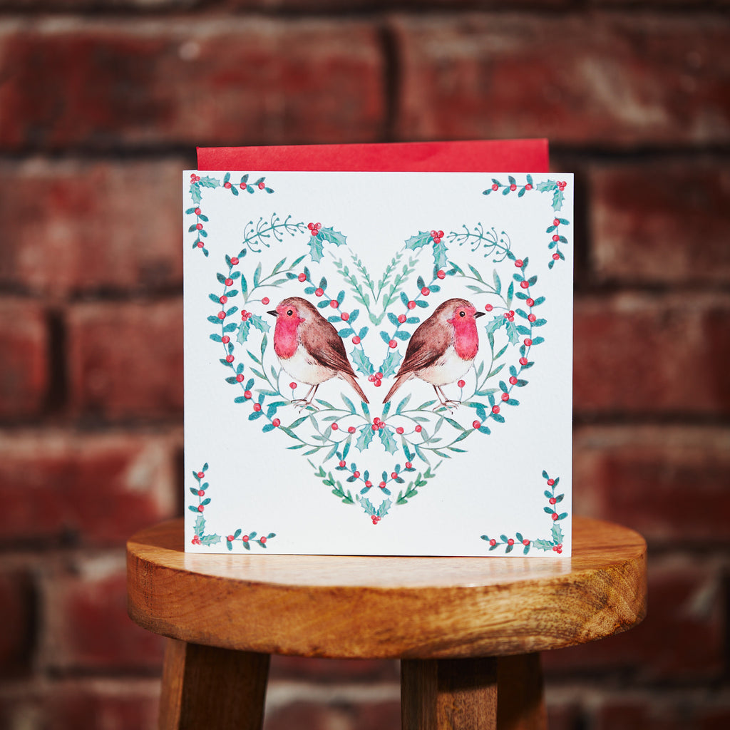 Xmas Robin Card White With Holly Heart & Borders