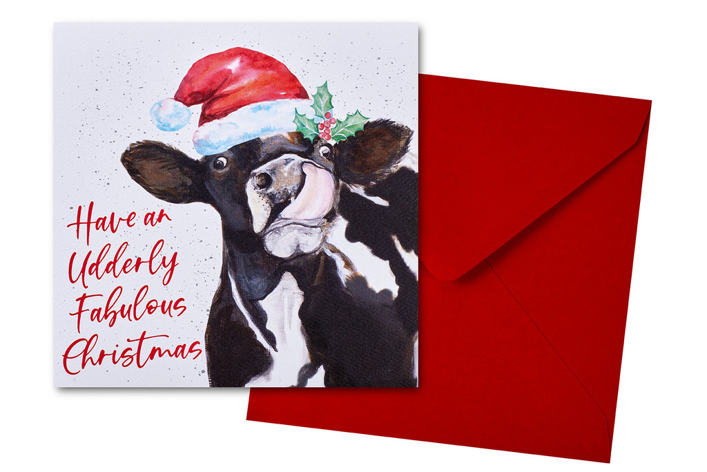 Xmas Cow Card With Santa Hat & Holly Udderly Fabulous