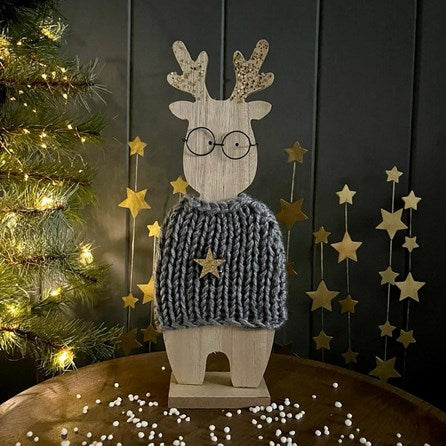 Standing Wooden Reindeer In Jumper