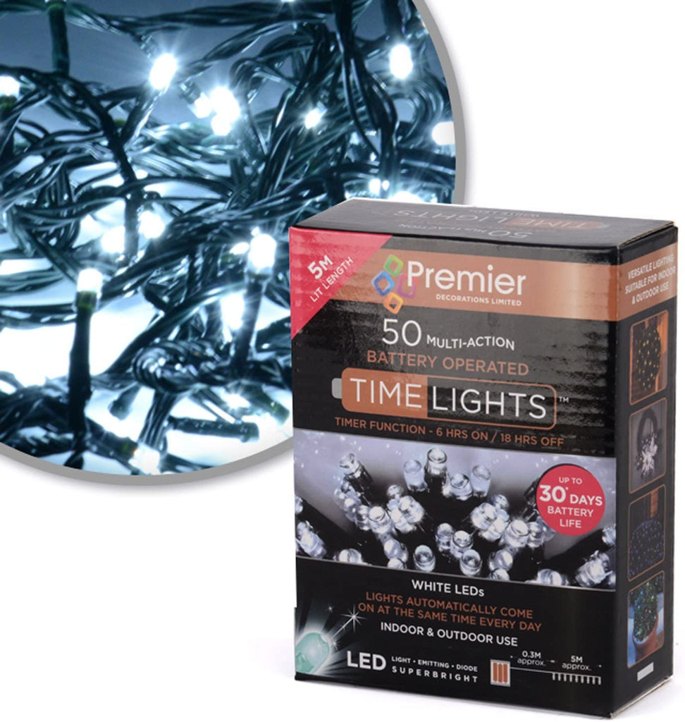 50 Multi-Action Battery Operated LED White Lights with Timer