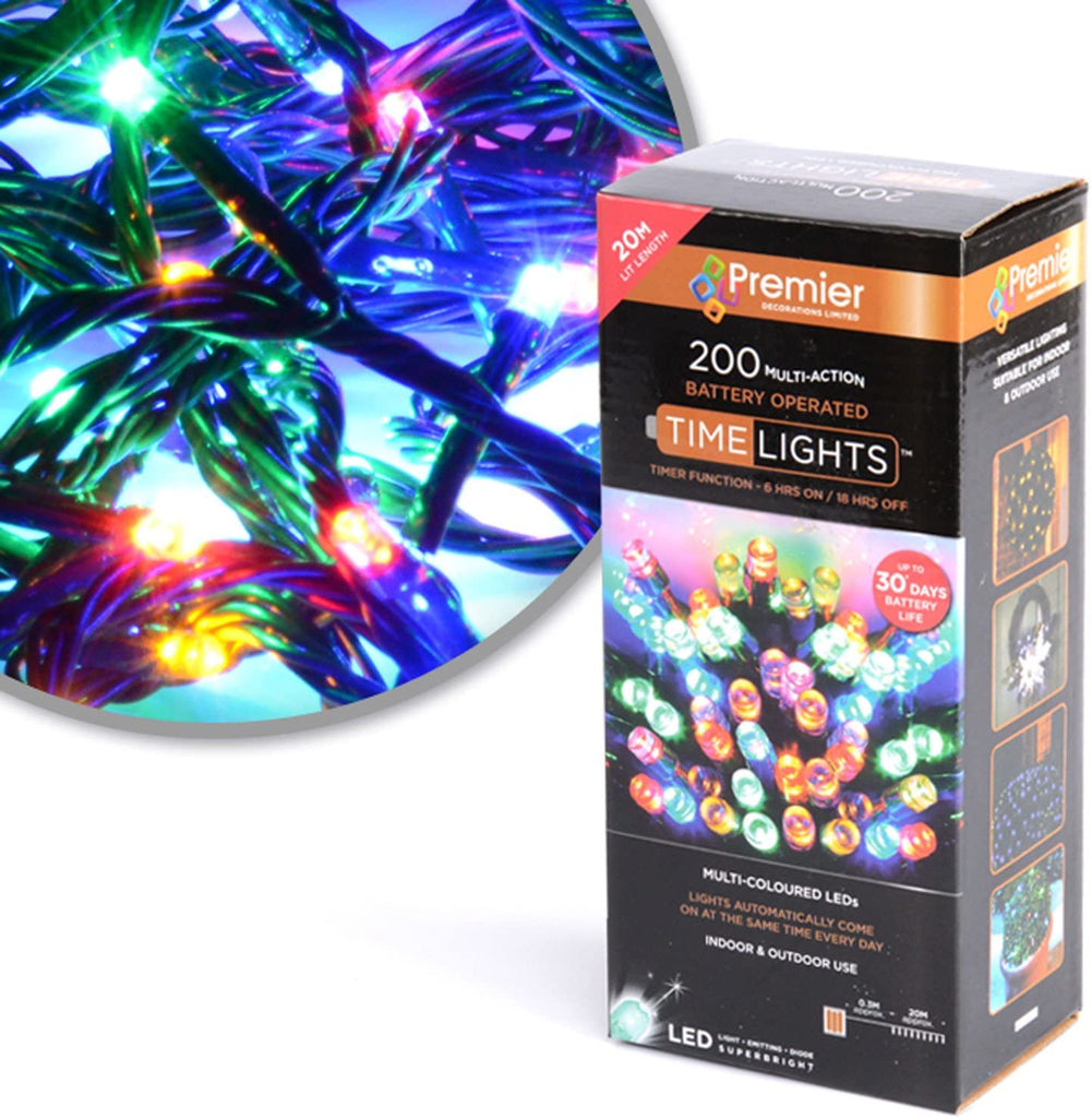 200 Multi-Action Battery Operated LED Multi Coloured Lights W/Timer