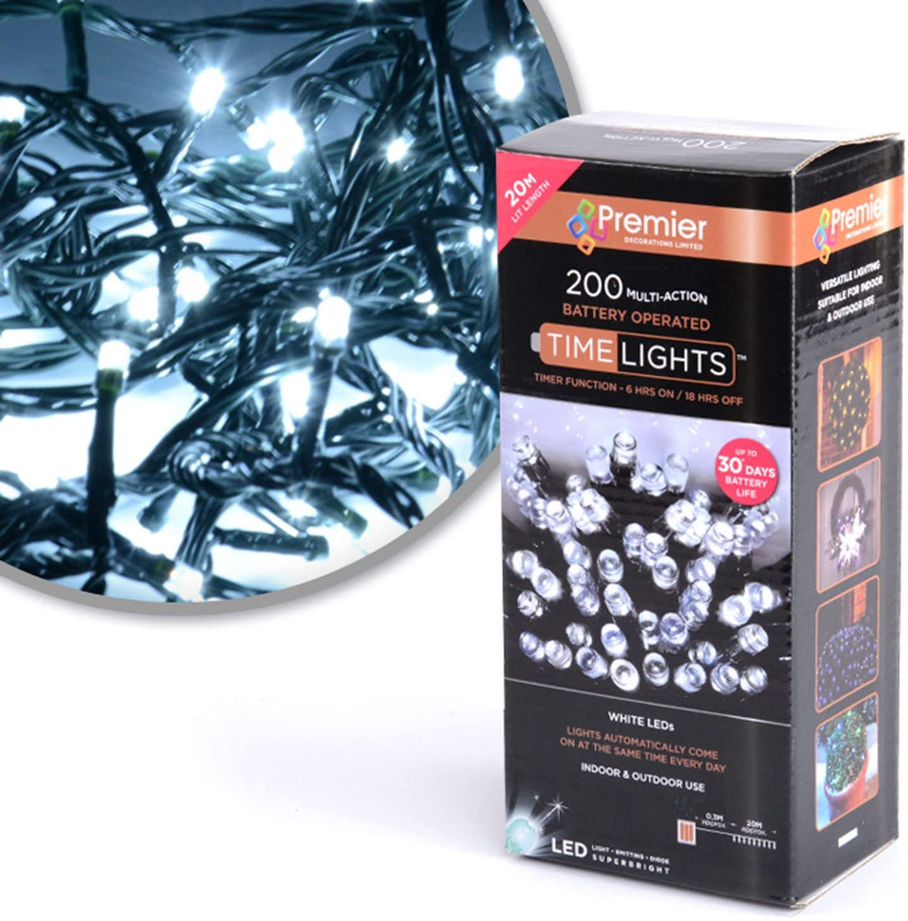 200 Multi-Action Battery Operated LED White Lights with Timer