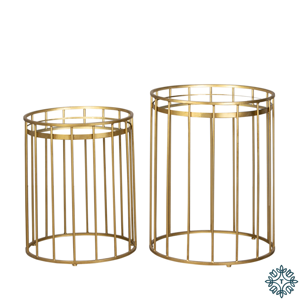 Cage Set of two Side Tables Round Mirror Gold