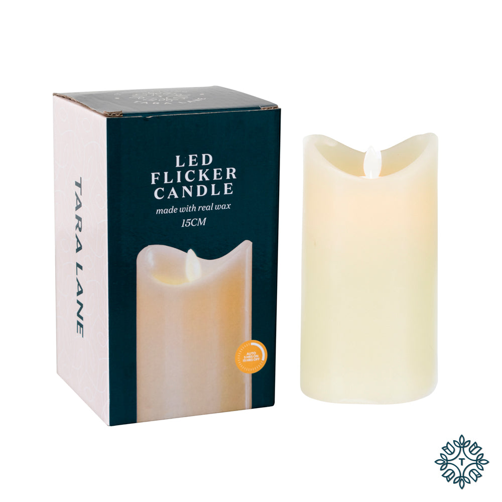 Flicker LED Candle with Timer 5hr Ivory 15cm